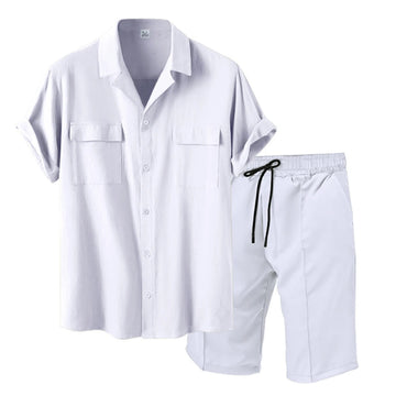 Riolio Men Casual Vacation Short-Sleeved Shirt Shorts Suit 2024 New Fashion Fashion Sports Breathable Comfort Solid Color Two-Piece Set